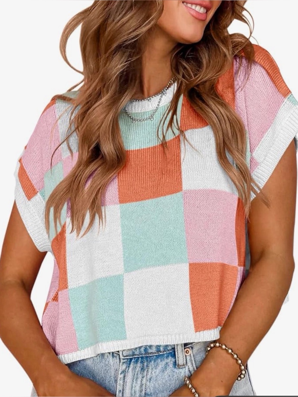 Casual Colorblock Knit Crop Top - Pink, Mint & Orange - size s